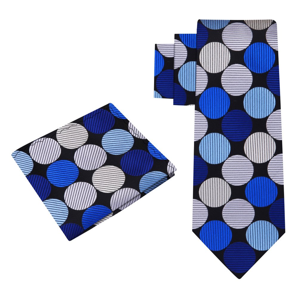 Alt View: A Black, Grey, Blue, Dark Blue Large Polka Dot Pattern Silk Necktie With Matching Pocket Square