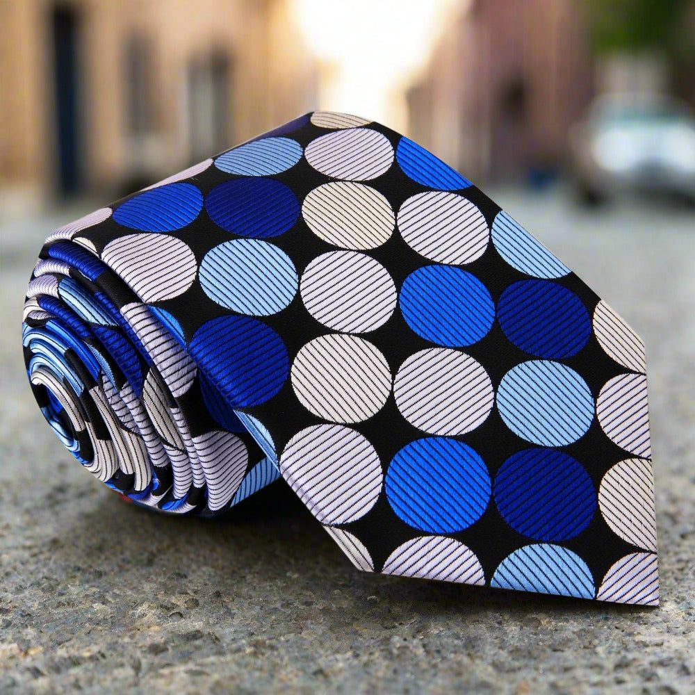 A Black, Grey, Blue, Dark Blue Large Polka Dot Pattern Silk Necktie||Black, Dark Blue, Silver