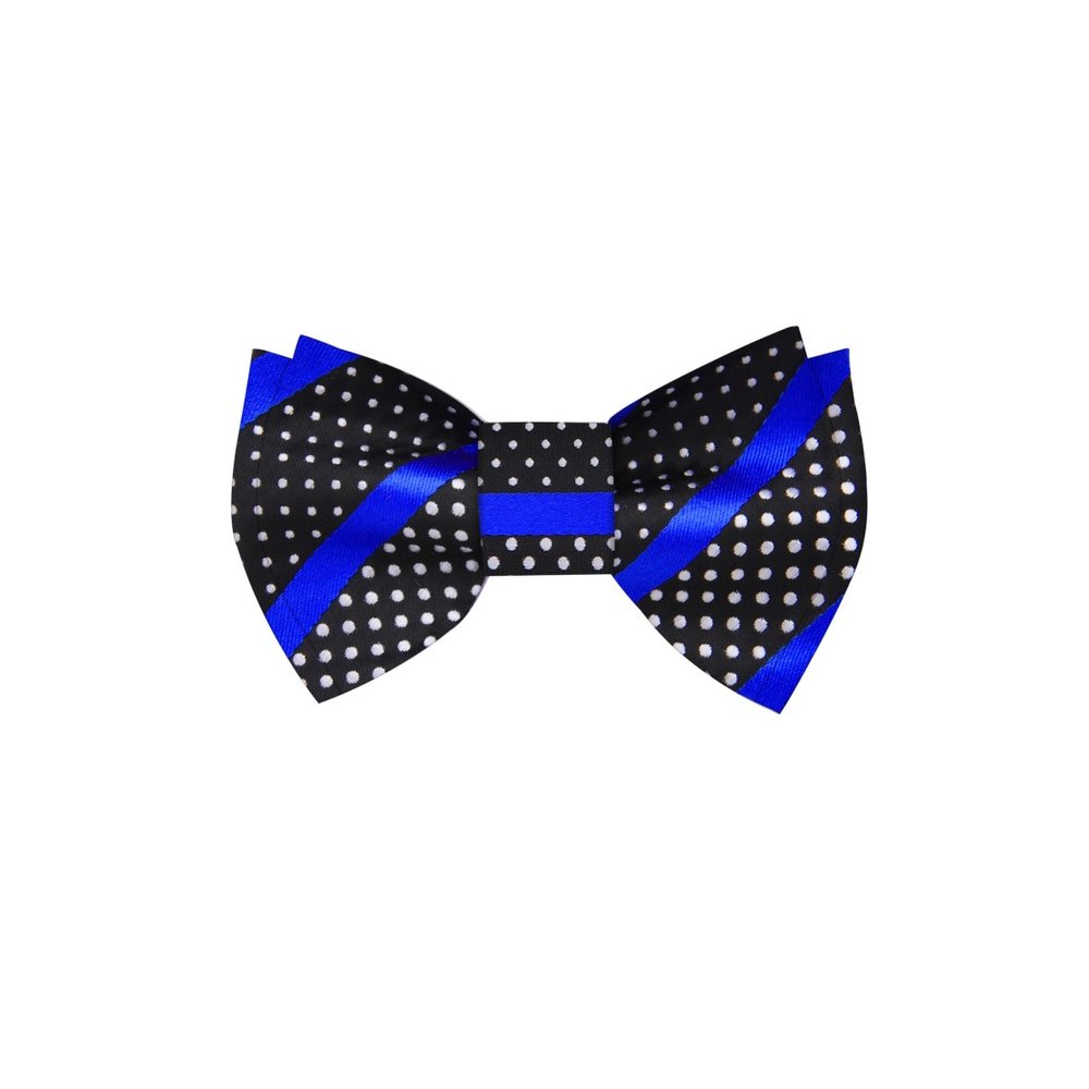 A Black, Black, White Polka and Stripe Pattern Silk Self Tie Bow Tie||Blue, Black, White