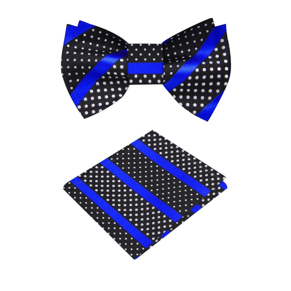 A Black, Black, White Polka and Stripe Pattern Silk Self Tie Bow Tie, Matching Pocket Square||Blue, Black, White