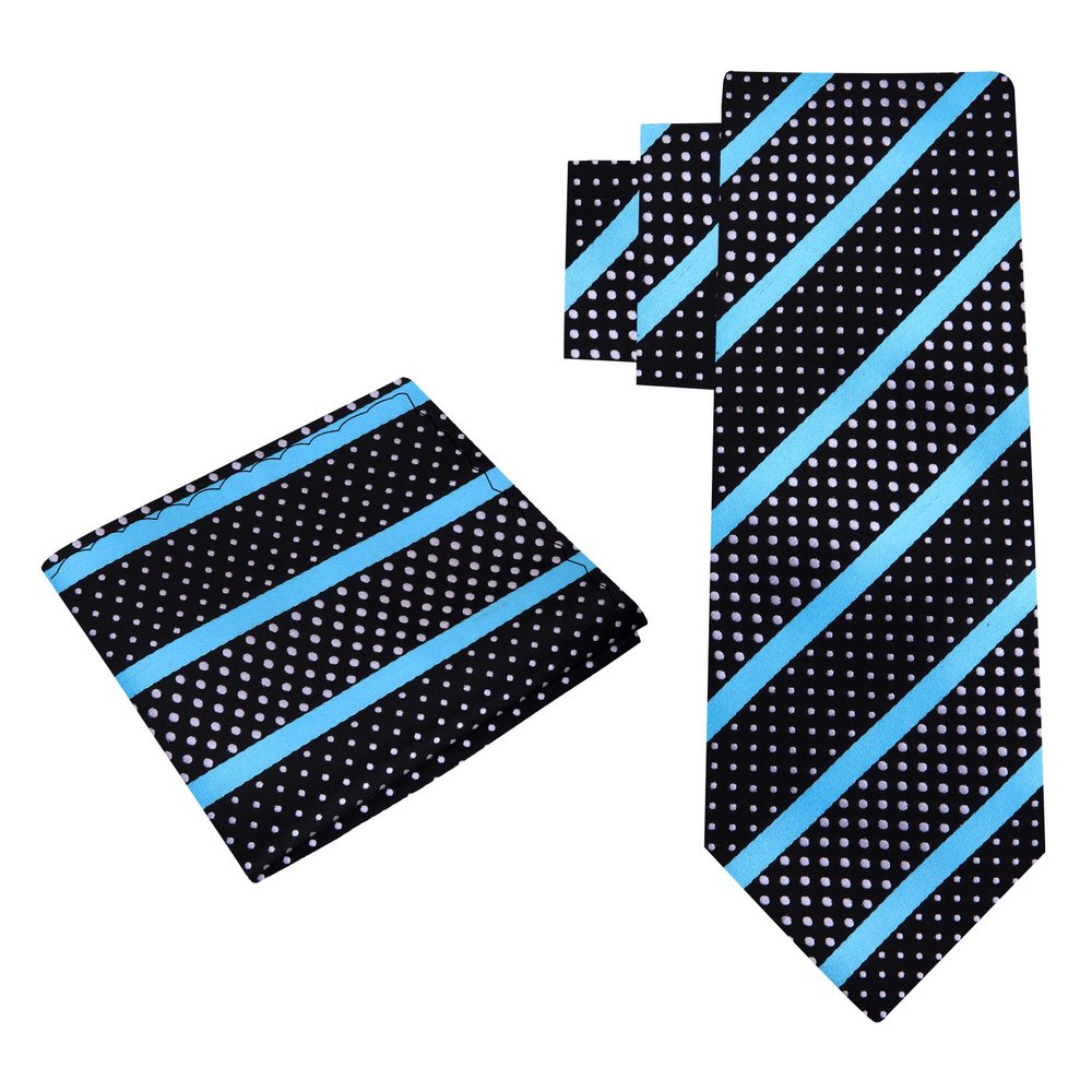 Alt View: A Black Silk Background With Light Blue Stripes And White Dots Necktie With Matching Pocket Square