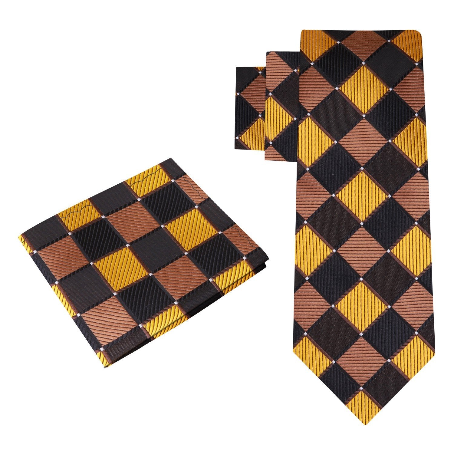 Alt View: A Gold, Brown, Black Geometric Check Pattern Necktie With Matching Pocket Square