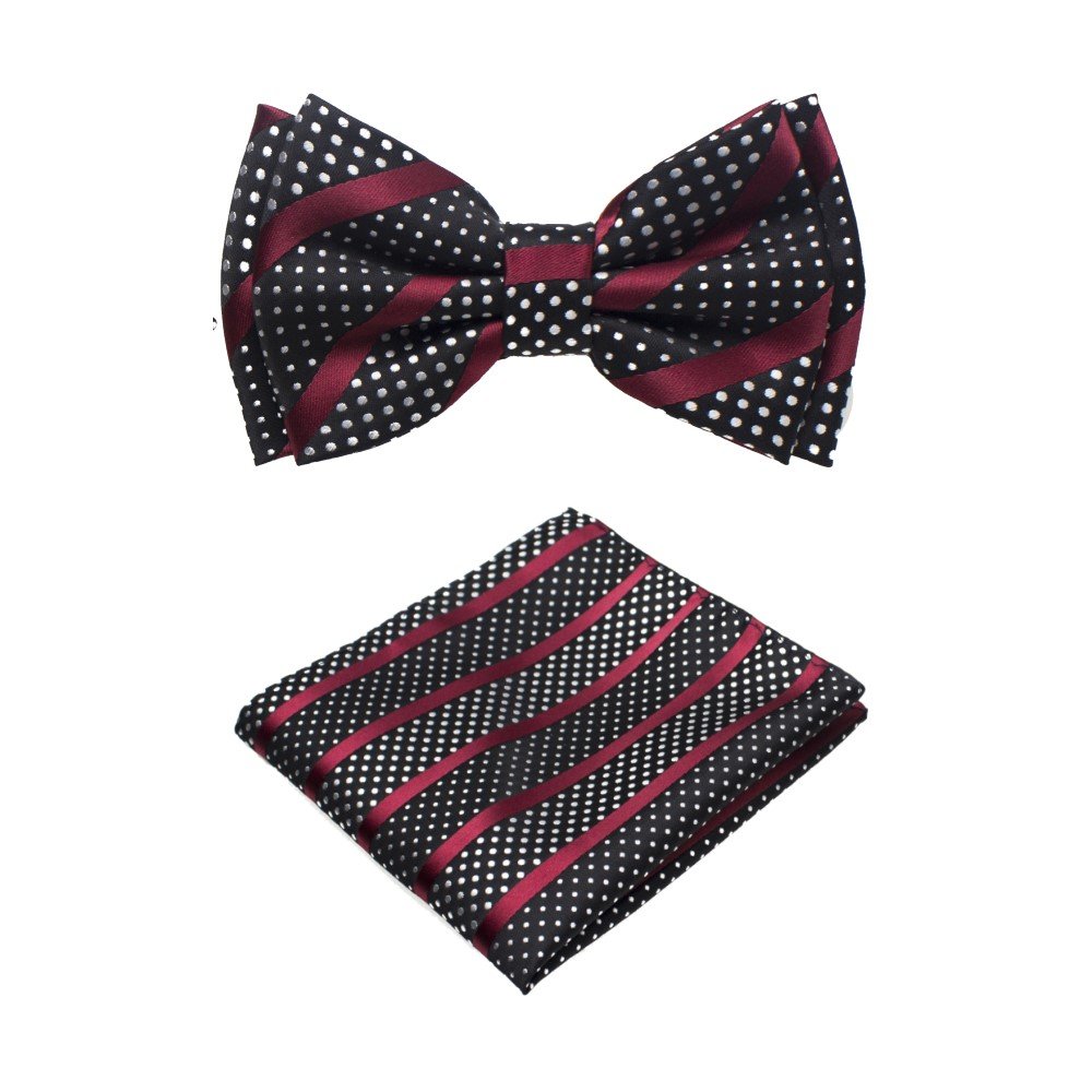 Burgundy Black Versatile Bow Tie and Pocket Square||Burgundy, Black, White