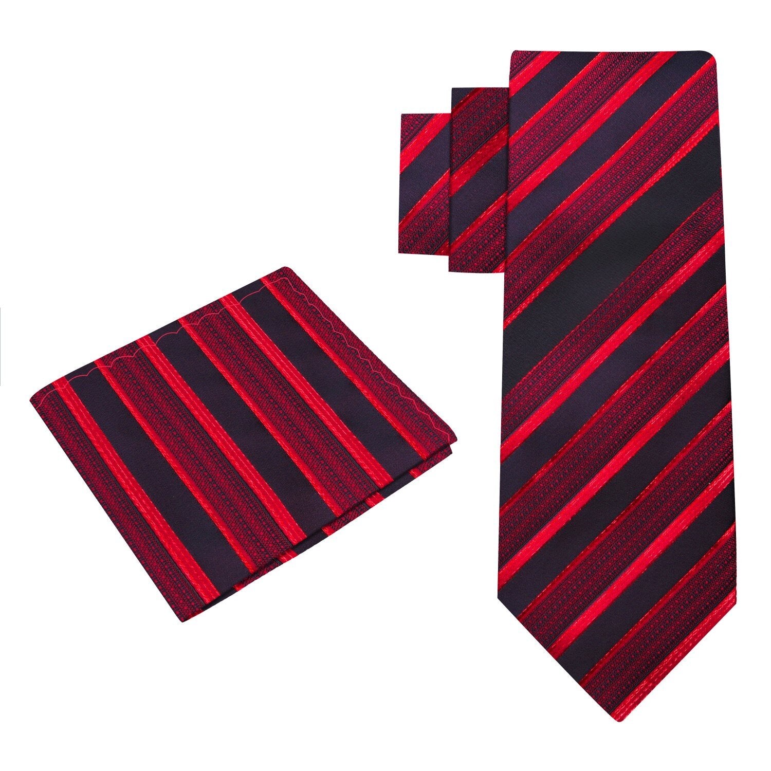Alt View: A Black Cherry, Red Stripe Pattern Silk Necktie, Matching Pocket Square