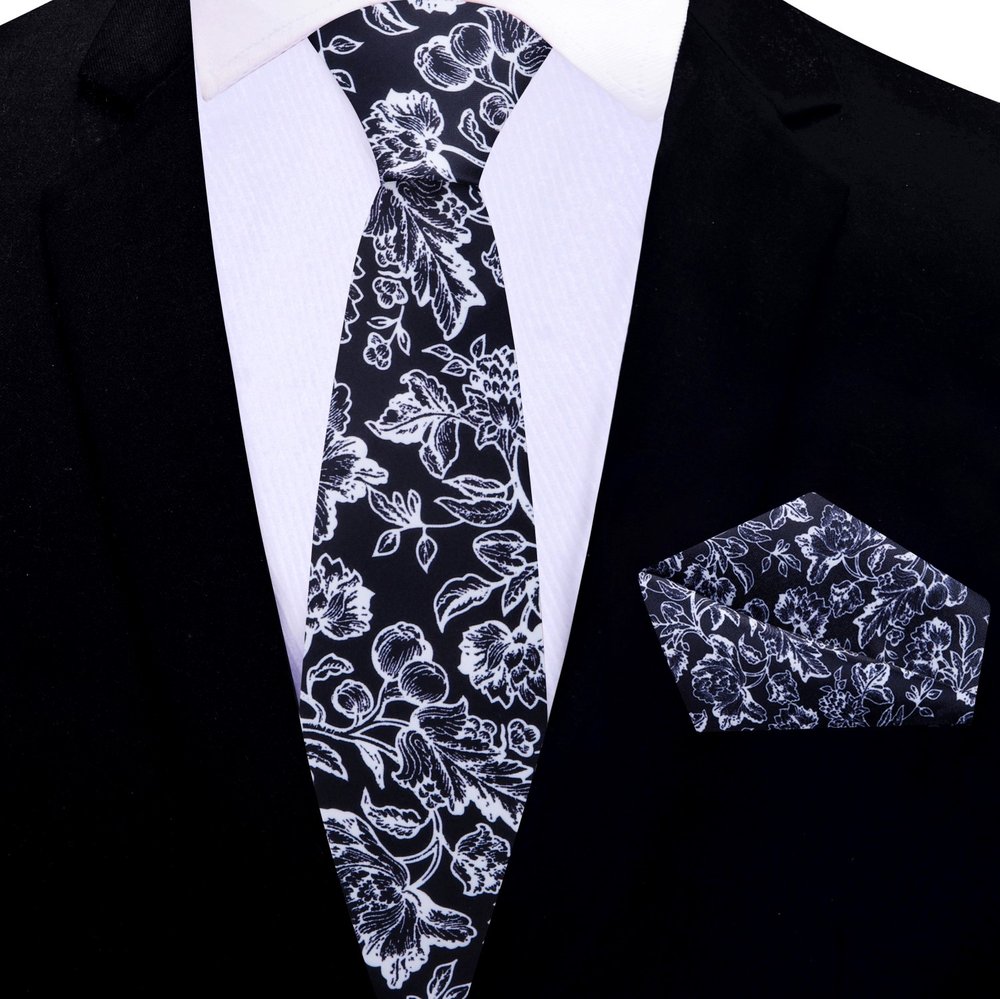 Thin Tie: Black, White Filigree Floral Tie and Pocket Square||Black