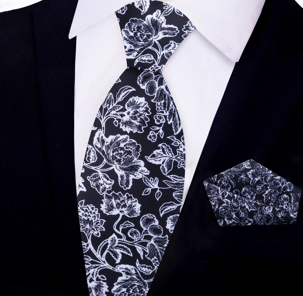 Black, White Filigree Floral Tie and Pocket Square||Black