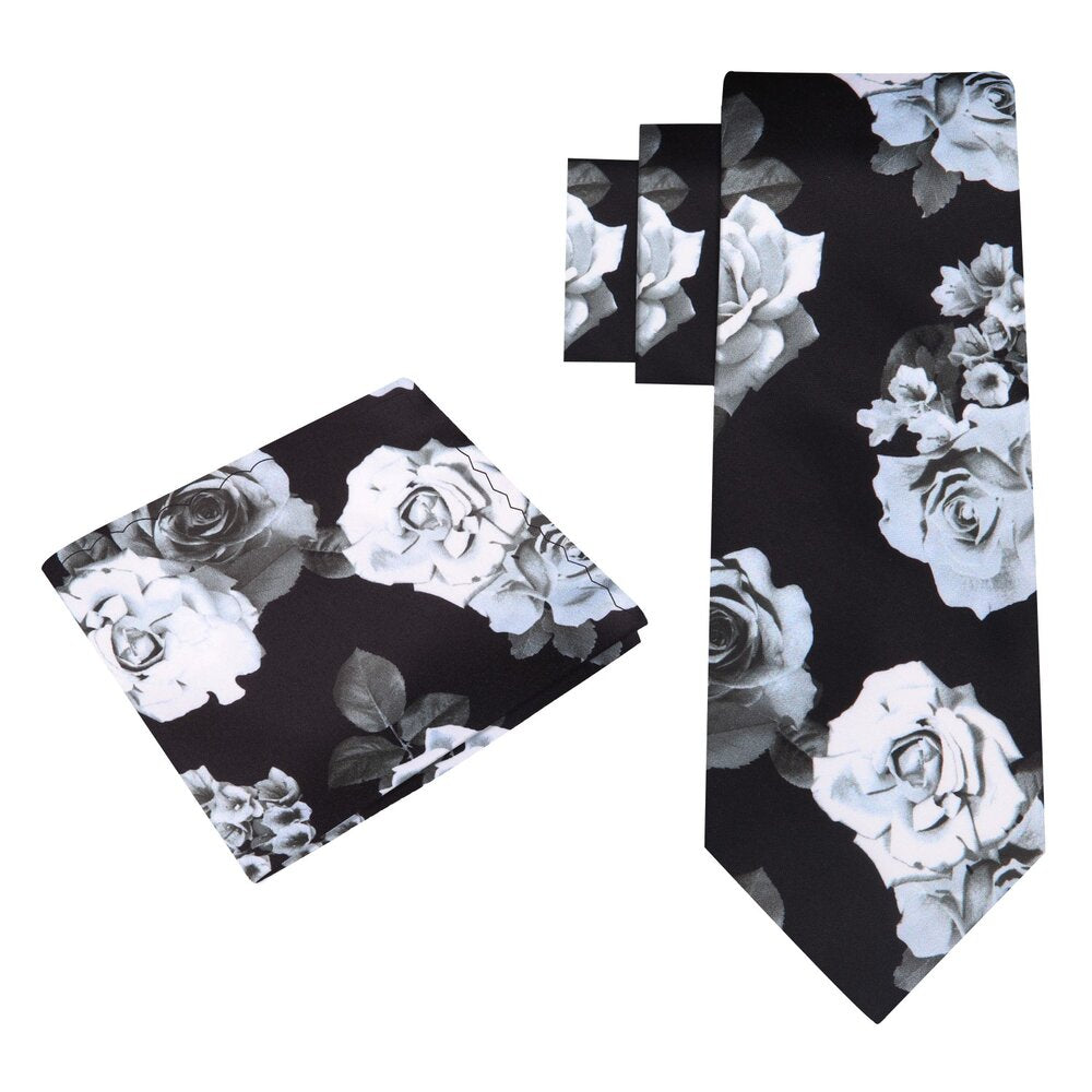 A Black, White, Silver Bold Roses With Leaves Pattern Silk Necktie Set, Matching Pocket Square||Black with White, Silver Floral