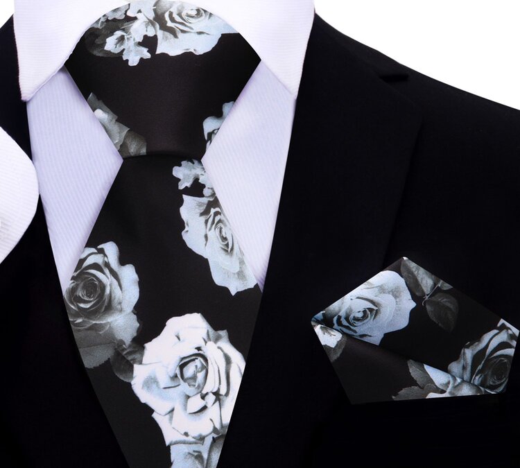 Main View: A Black, White, Silver Bold Roses With Leaves Pattern Silk Necktie Set, Matching Pocket Square