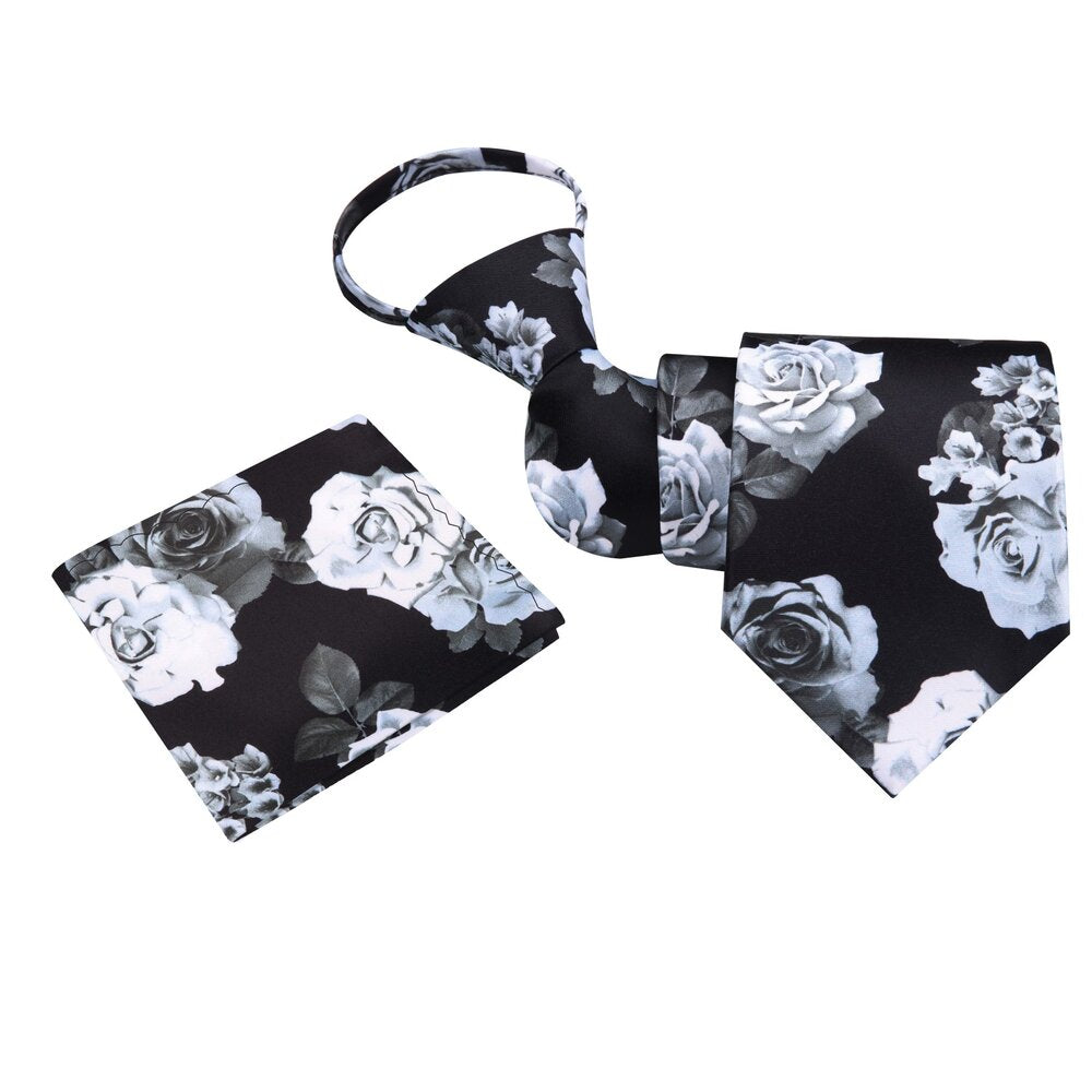 Zipper: A Black, White, Silver Bold Roses With Leaves Pattern Silk Zipper Necktie Set, Matching Pocket Square||Black with White, Silver Floral
