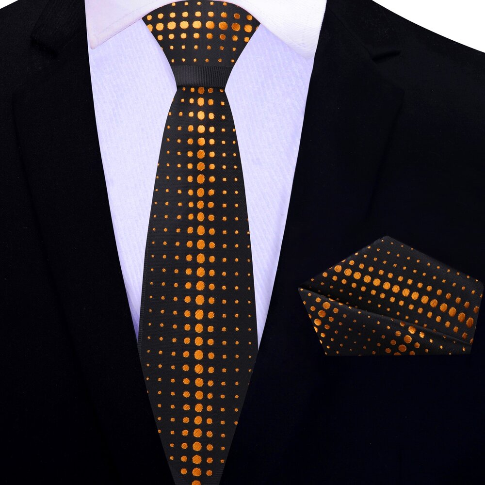 Gold, Black Dots Thin Tie and Pocket Square