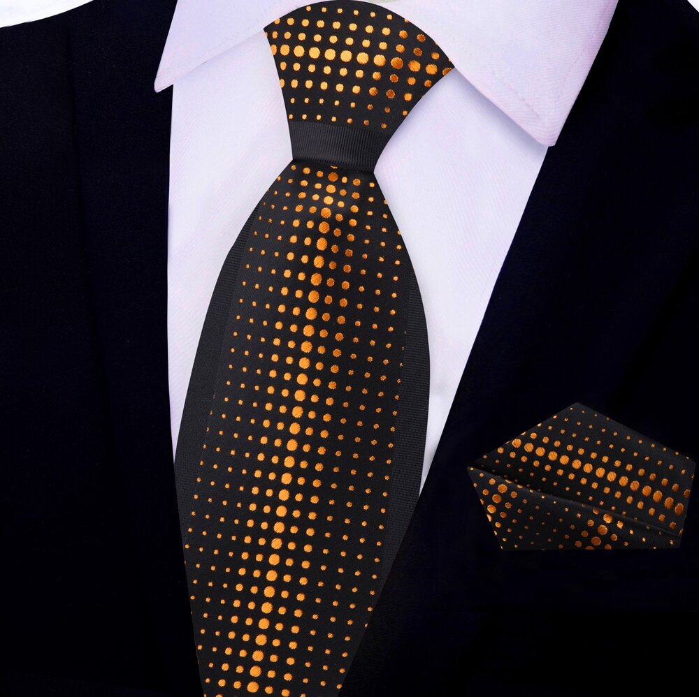 Gold, Black Dots Tie and Pocket Square
