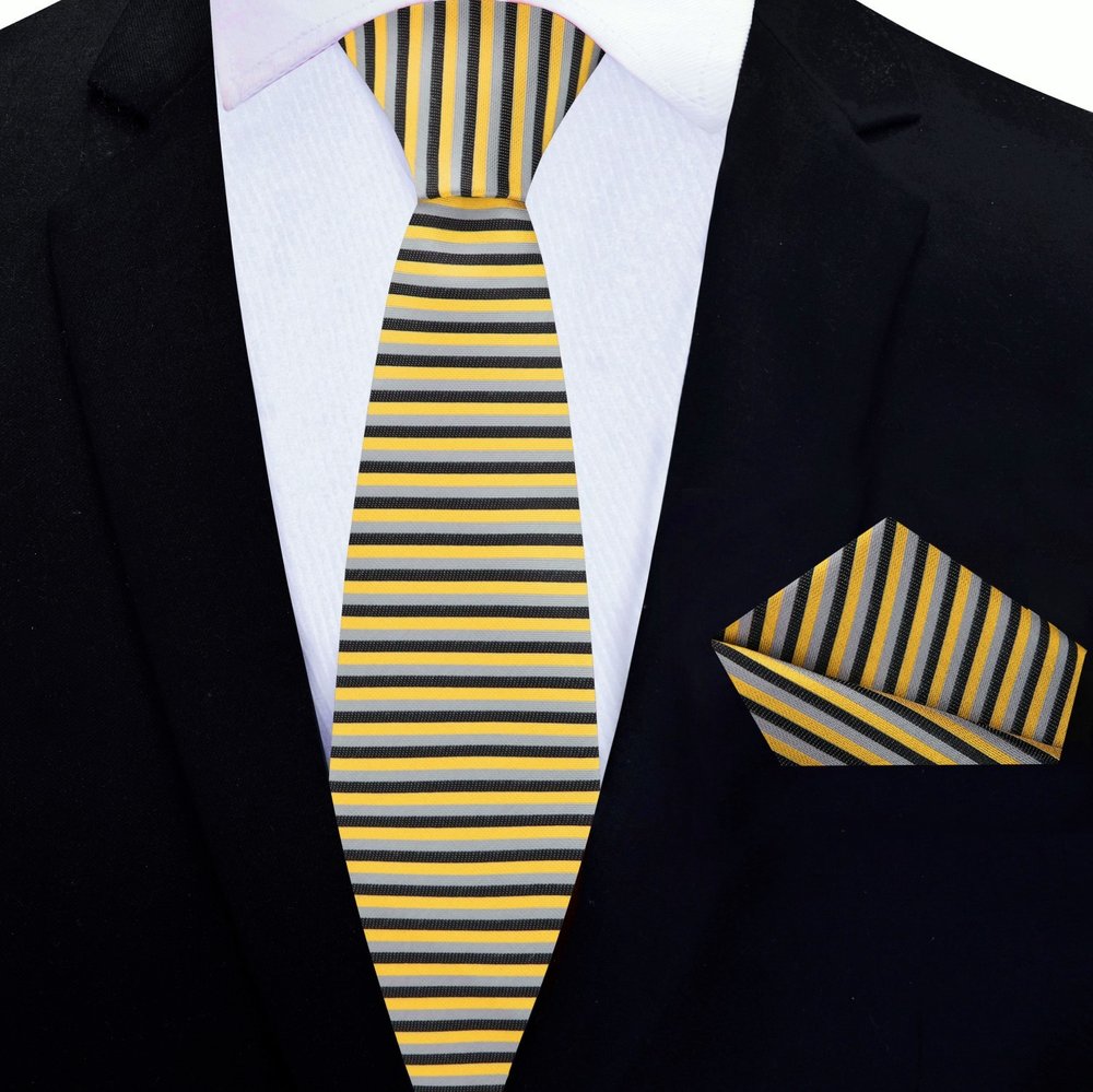 Black, Gold Stripe Thin Tie and Square