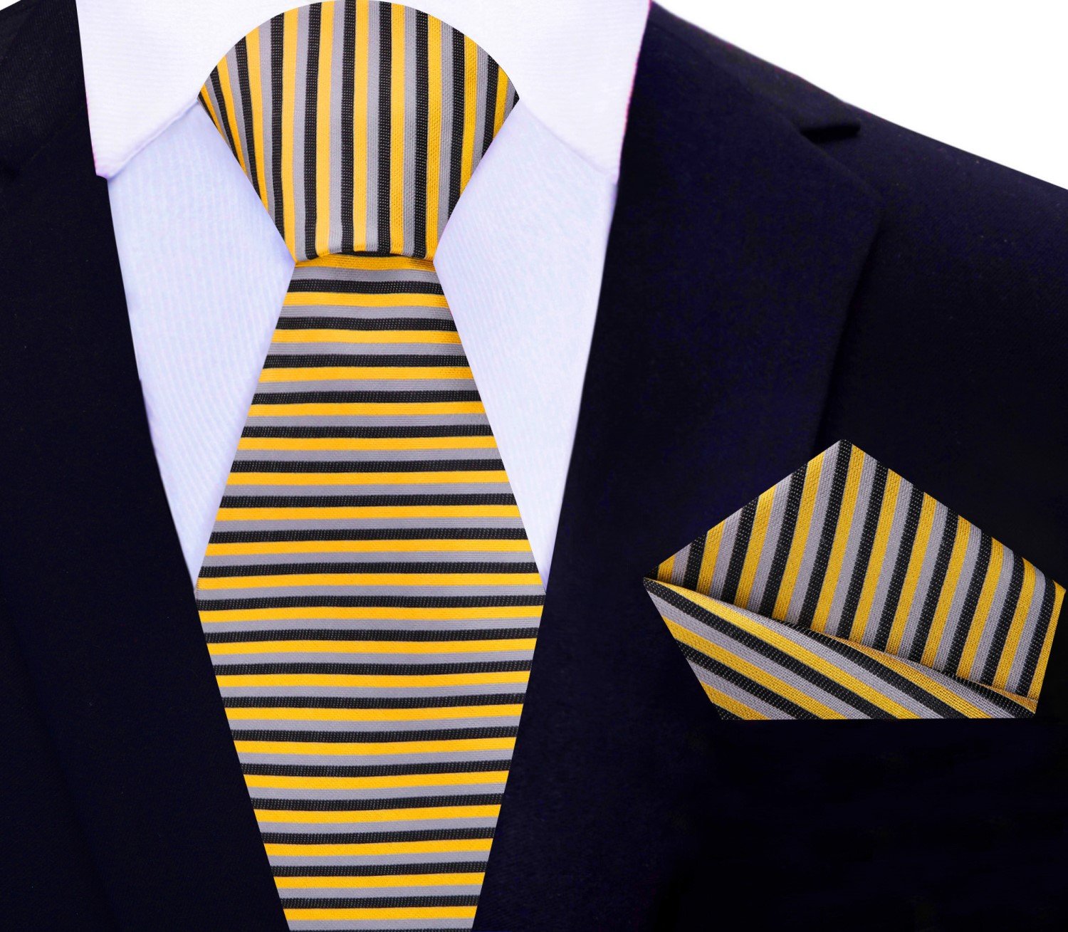 Main View: Black, Gold Stripe Tie and Square