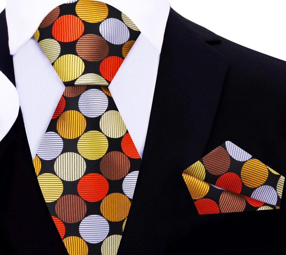 A Black, Brown, Gold, Orange, Grey Large Polka Dot Pattern Silk Necktie With Matching Pocket Square||Gold, Orange, Black