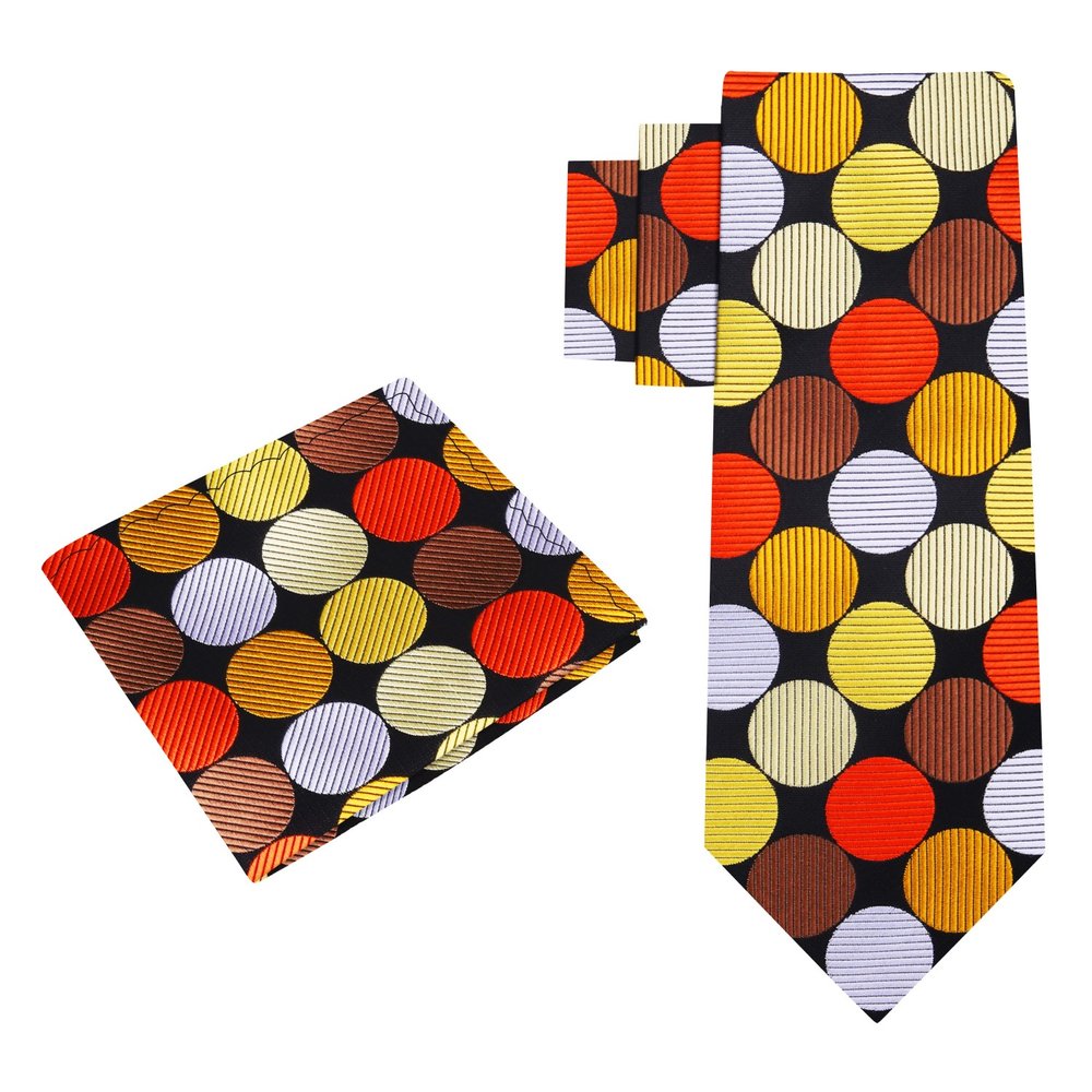 A Black, Brown, Gold, Orange, Grey Large Polka Dot Pattern Silk Necktie With Matching Pocket Square