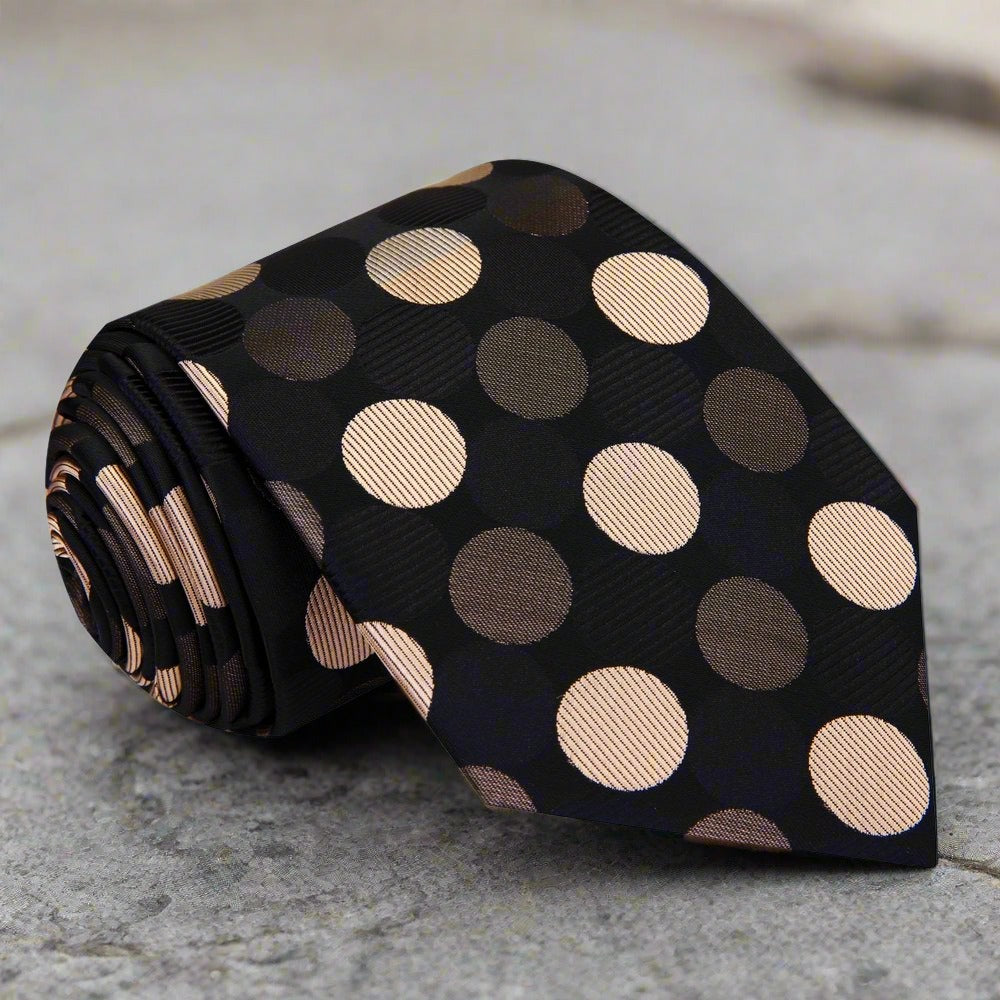 A Black, Brown, Gold Large Polka Dot Pattern Silk Necktie||Black, Tan, Gold