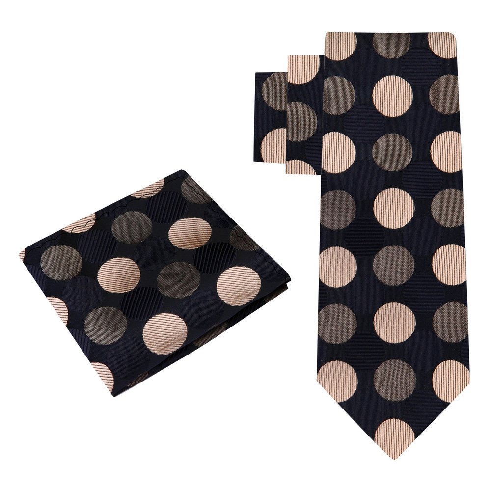 Alt View: A Black, Brown, Gold Large Polka Dot Pattern Silk Necktie With Matching Pocket Square