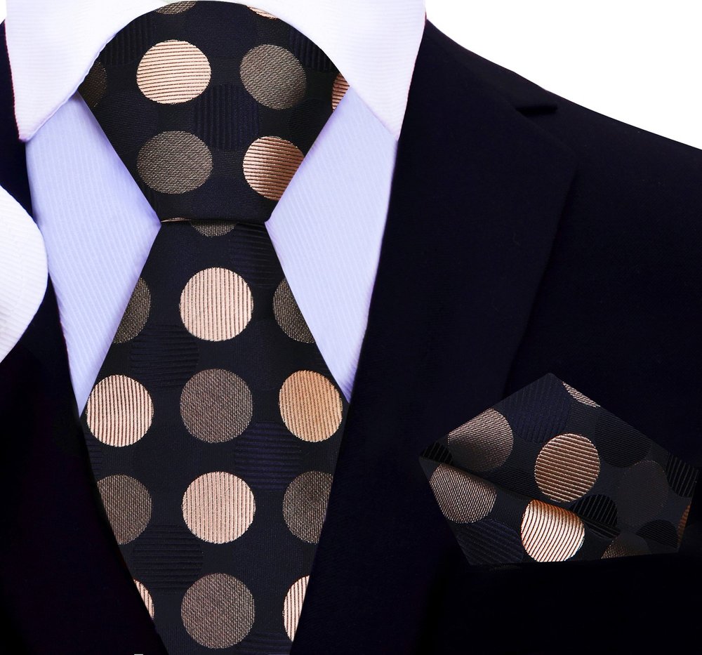 A Black, Brown, Gold Large Polka Dot Pattern Silk Necktie With Matching Pocket Square||Black, Tan, Gold