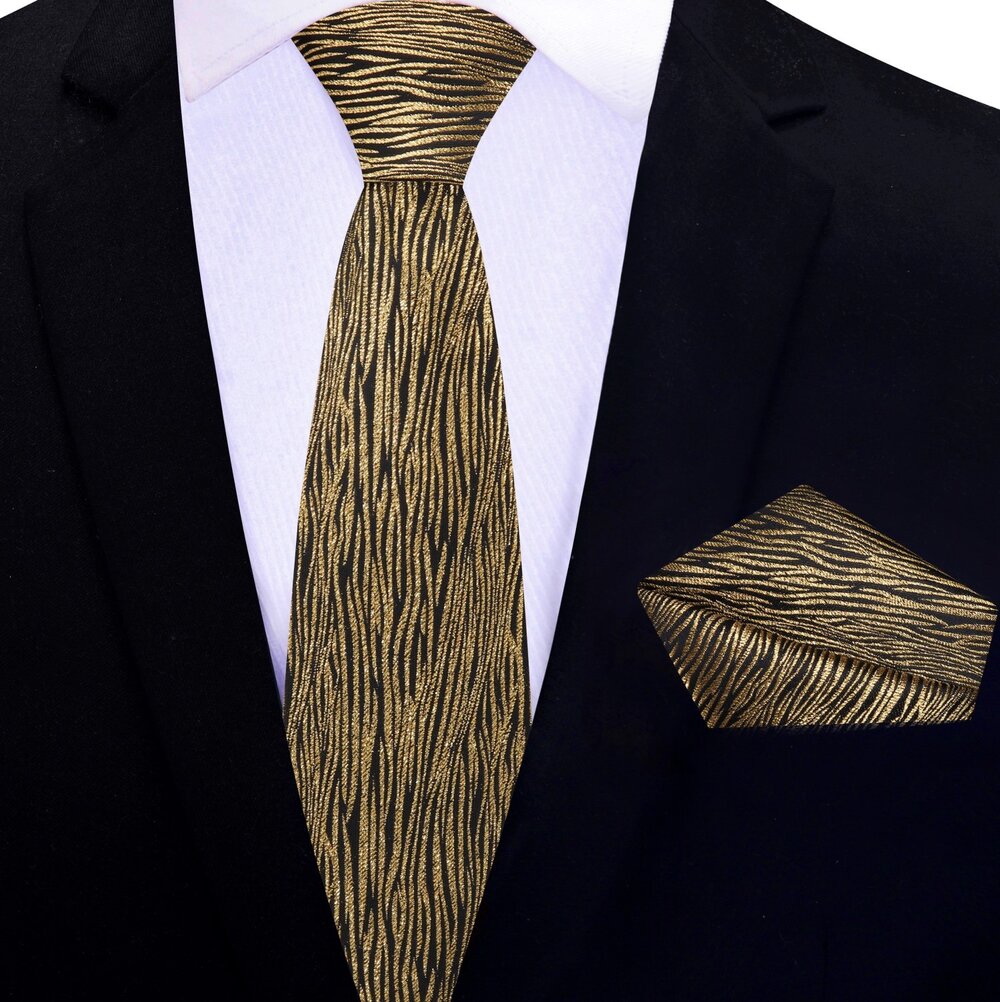 Black Gold Zebra Texture Thin Tie and Square