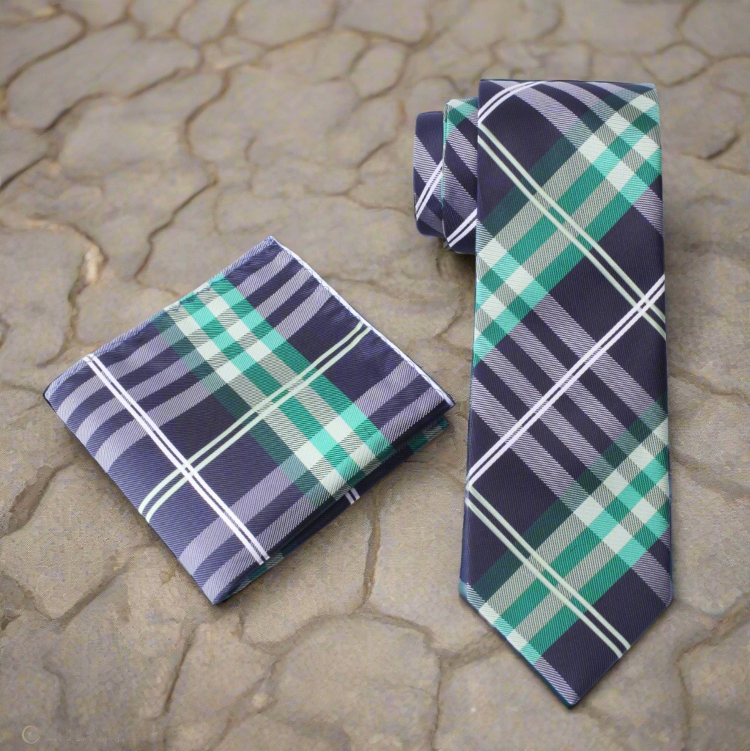 Alt View: A Black, Green, White Plaid Pattern Necktie With Matching Pocket Square