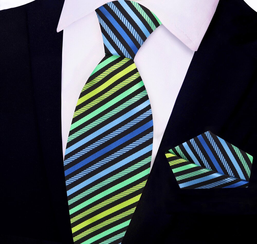 Black, Green, Blue Stripe Tie and Square