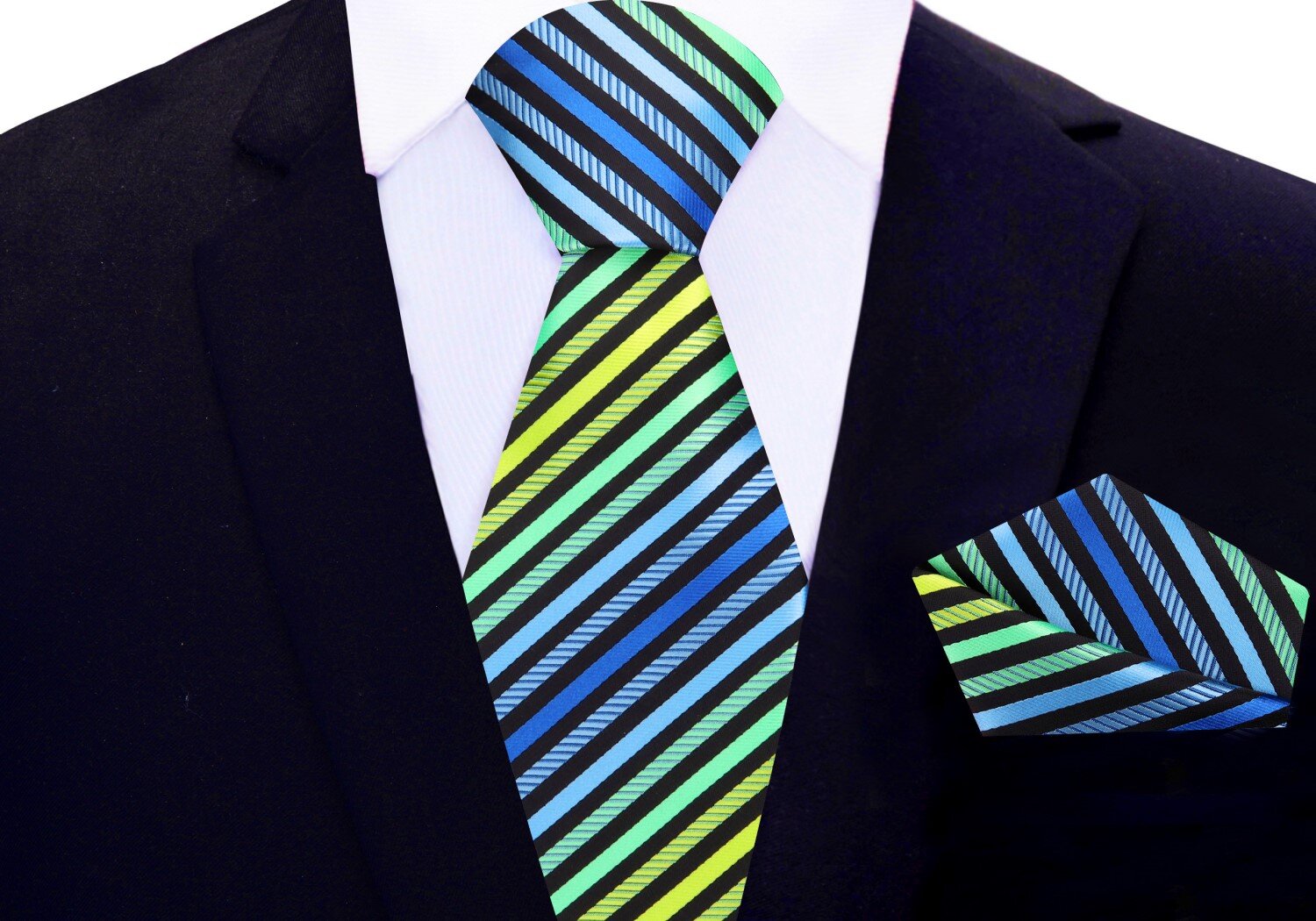 Main View: Black, Green, Blue Stripe Tie and Square