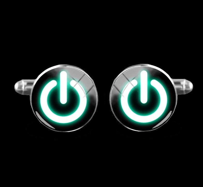 A Chrome, Green with Circle and Power Button Design Cuff-links||Green