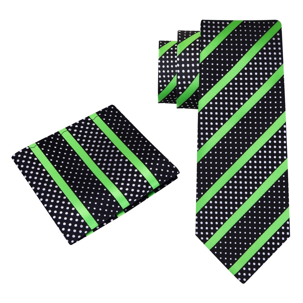 Alt View: A Black Silk Background With Bright Green Stripes And White Dots Necktie With Matching Pocket Square
