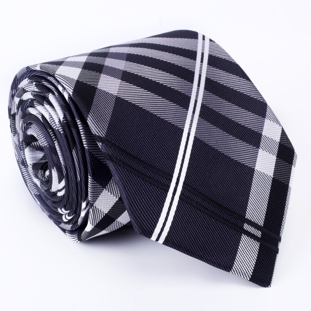 A Black, Grey, White Plaid Pattern Necktie ||Grey, Black, White