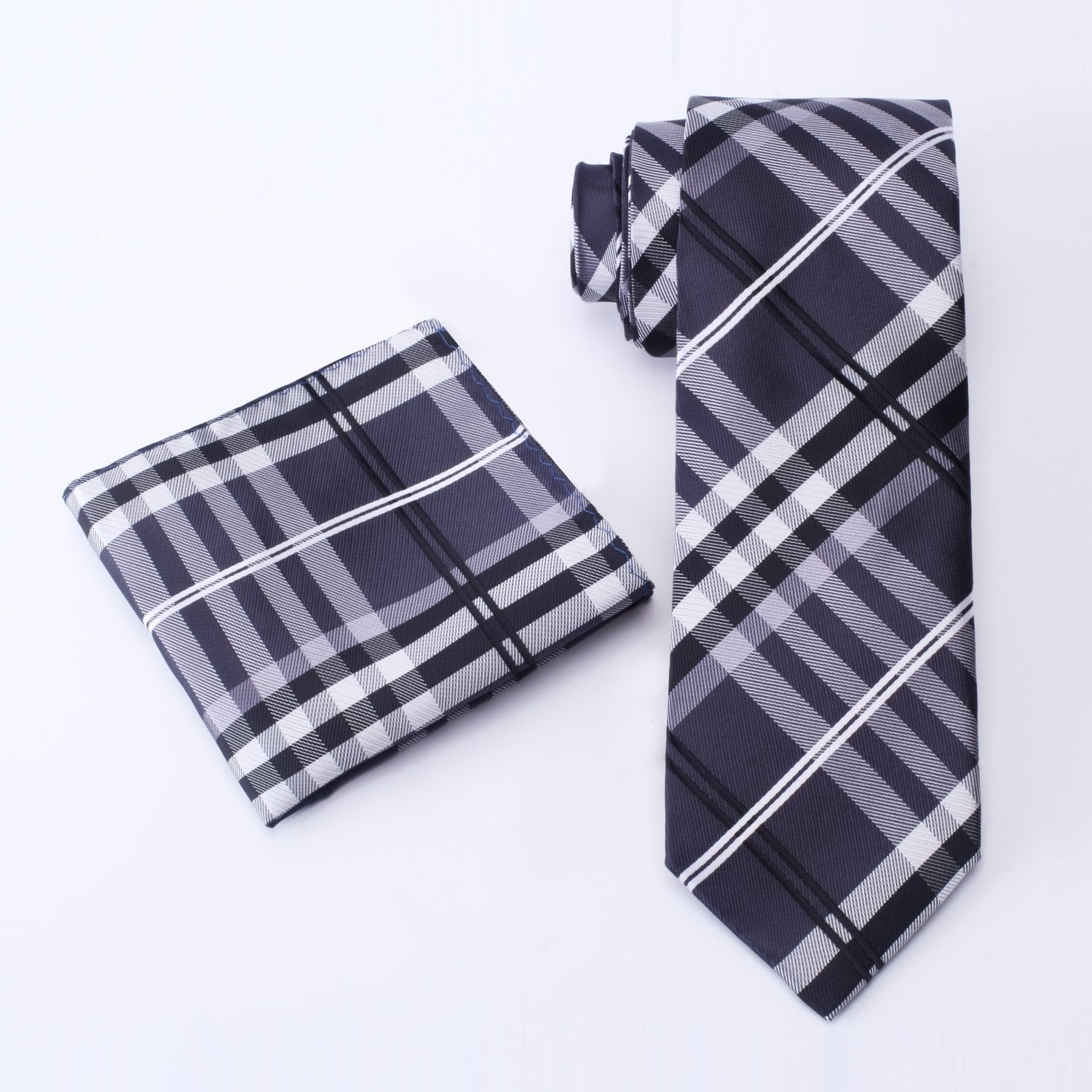 Alt view: A Black, Grey, White Plaid Pattern Necktie and Pocket Square
