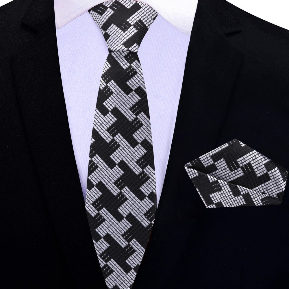 Black, Grey Big Hounds-tooth Thin Tie and Pocket Square||Black, Grey