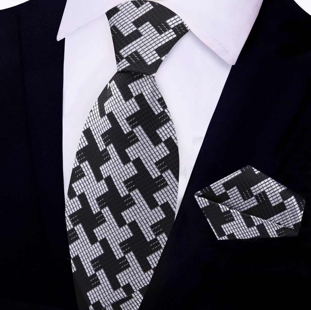 Black, Grey Big Hounds-tooth Tie and Pocket Square||Black, Grey