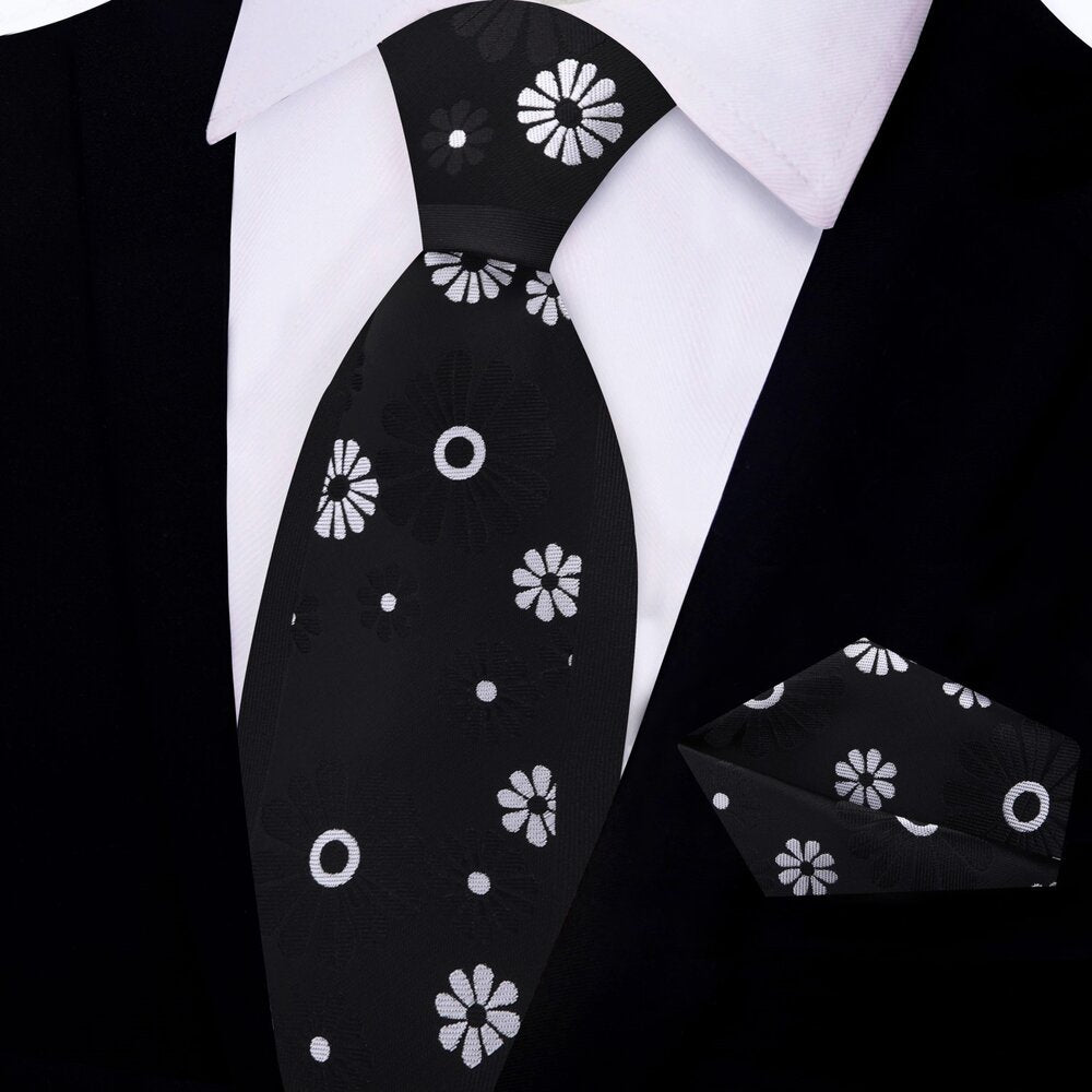 Black, Grey Cactus Flower Tie||Black, Grey