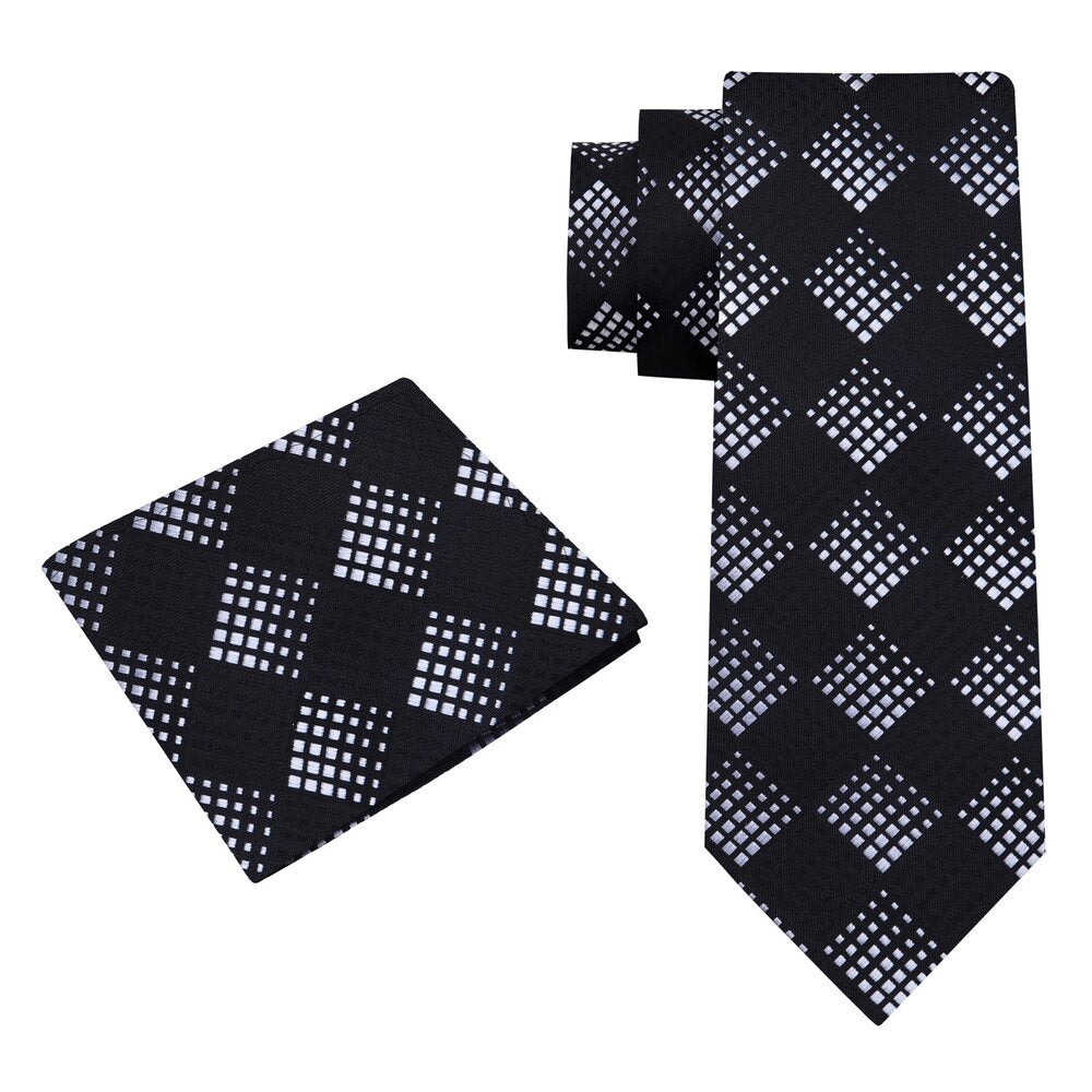 Alt View: A Black, White Geometric Diamond Pattern Silk Necktie, Matching Pocket Square