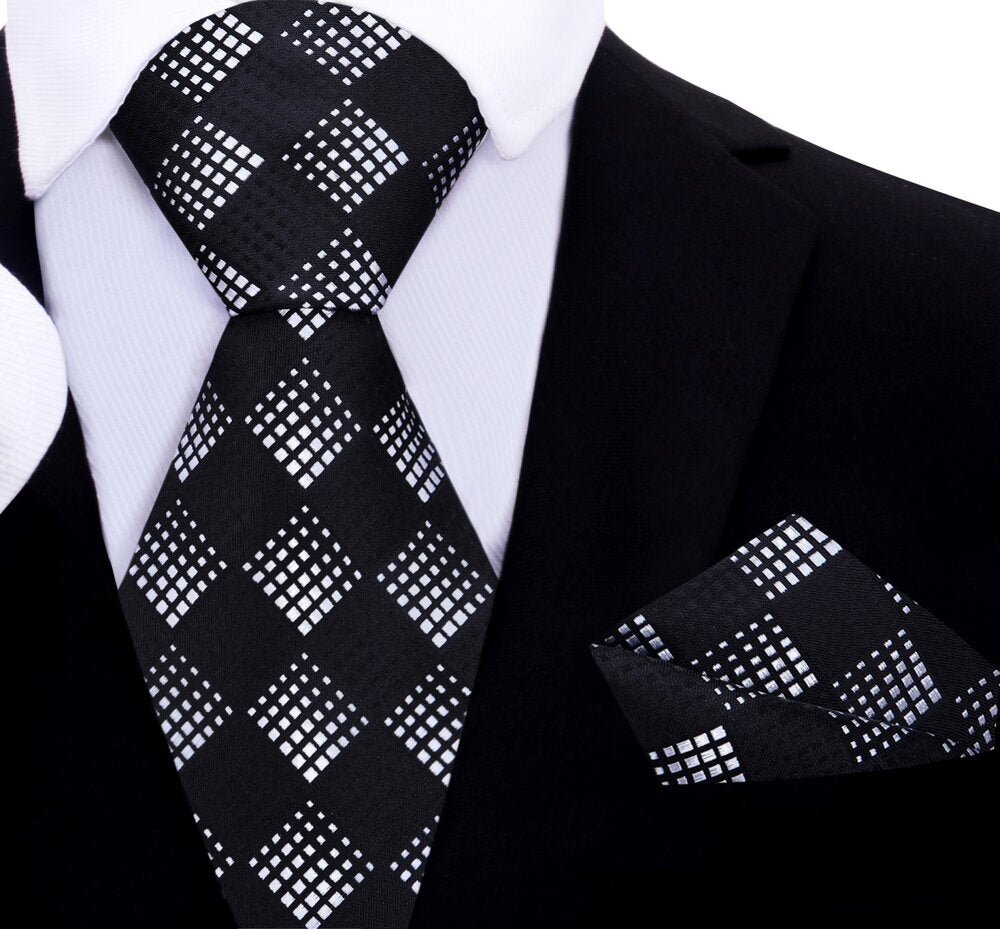 A Black, White Geometric Diamond Pattern Silk Necktie, Matching Pocket Square||Black, Grey