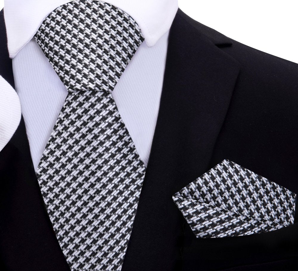 Black, Grey Hounds Tooth Tie and Square||Black/Grey