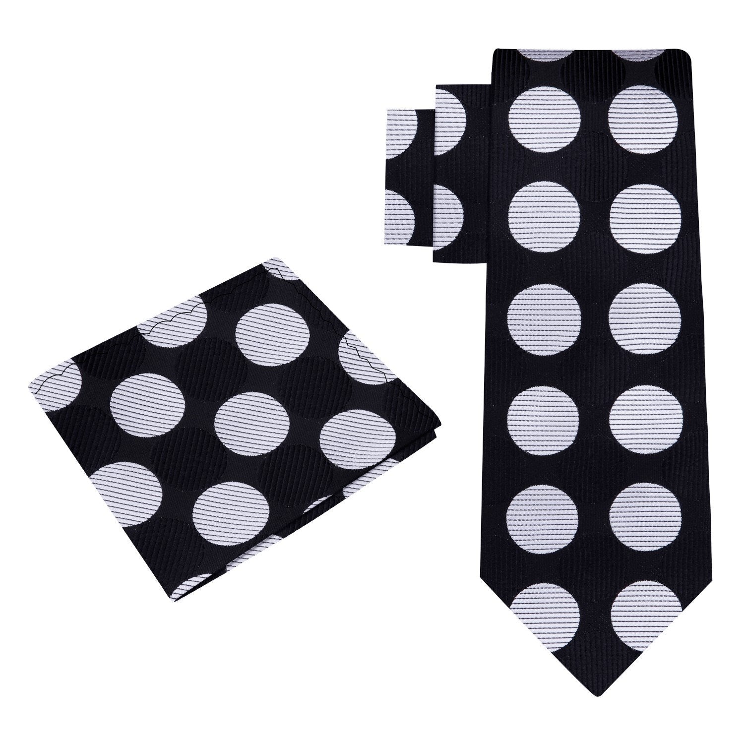 Alt View: A Black, Grey Large Polka Dot Pattern Silk Necktie With Matching Pocket Square