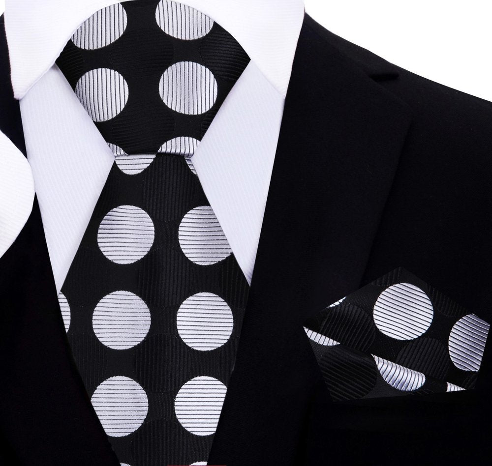 A Black, Grey Large Polka Dot Pattern Silk Necktie With Matching Pocket Square||Black, Silver
