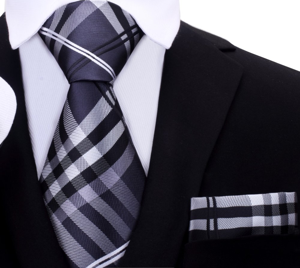 A Black, Grey, White Plaid Pattern Necktie and Pocket Square ||Grey, Black, White