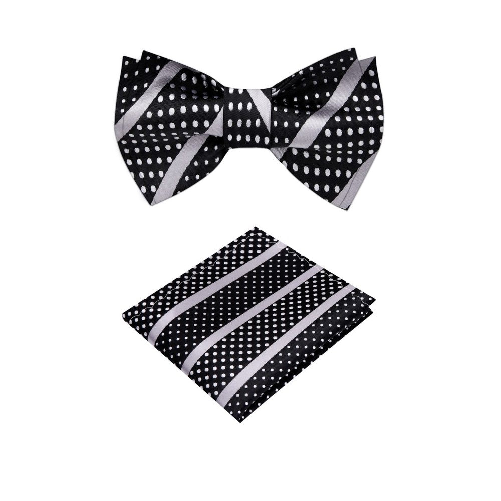Grey Black Versatile Bow Tie and Pocket Square||Silver, Black, White