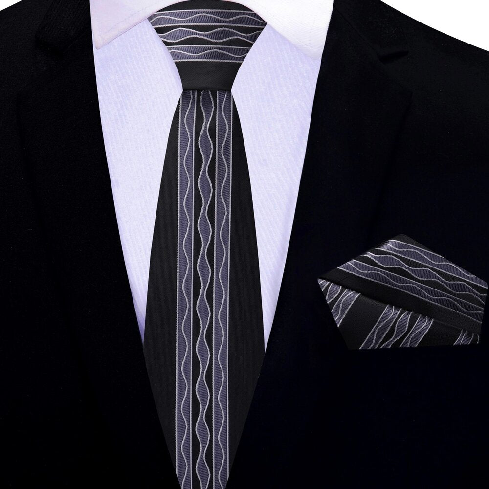 Thin tie; Black, Grey Waves Tie and Pocket Square