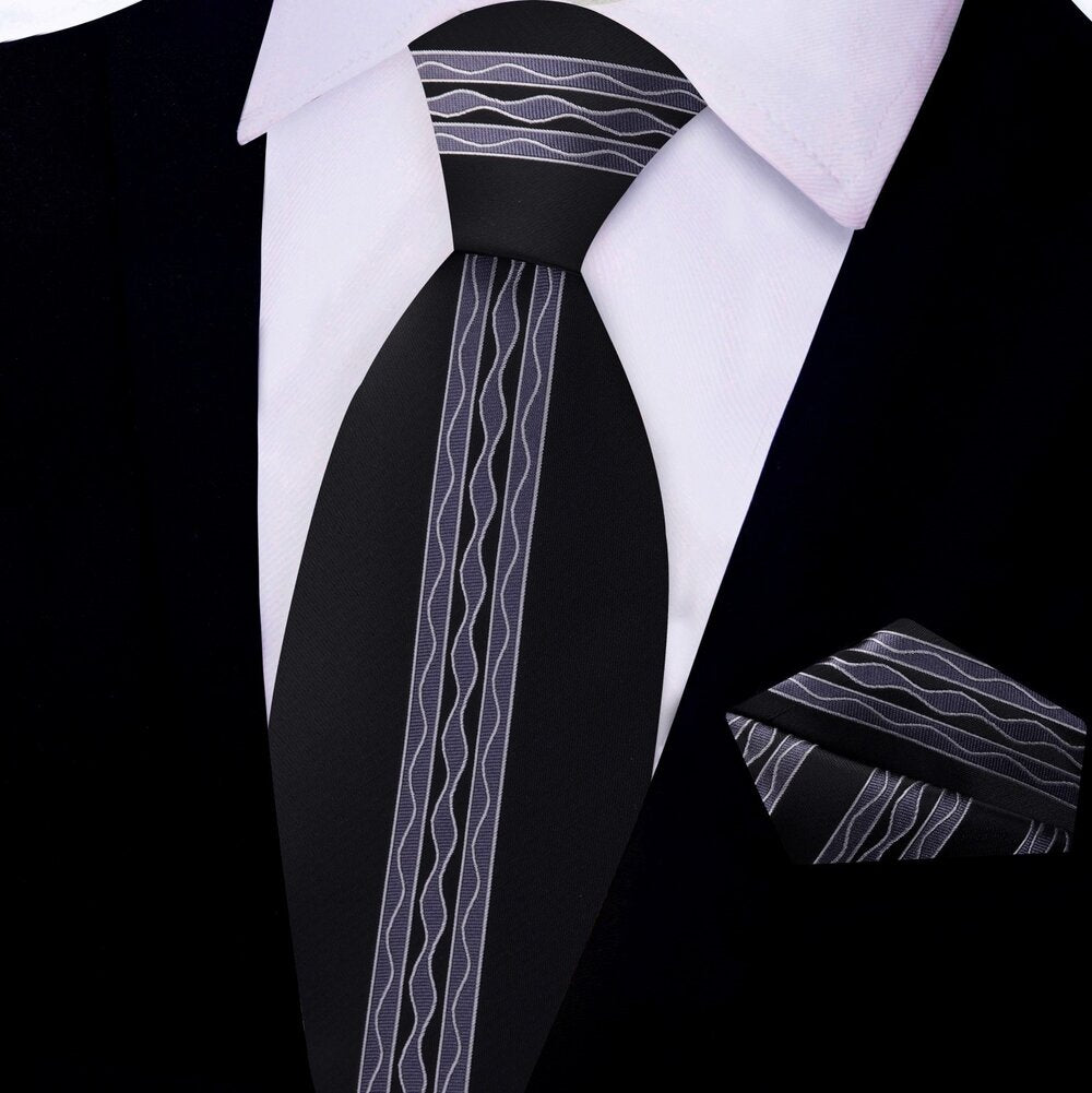Black, Grey Waves Tie and Pocket Square