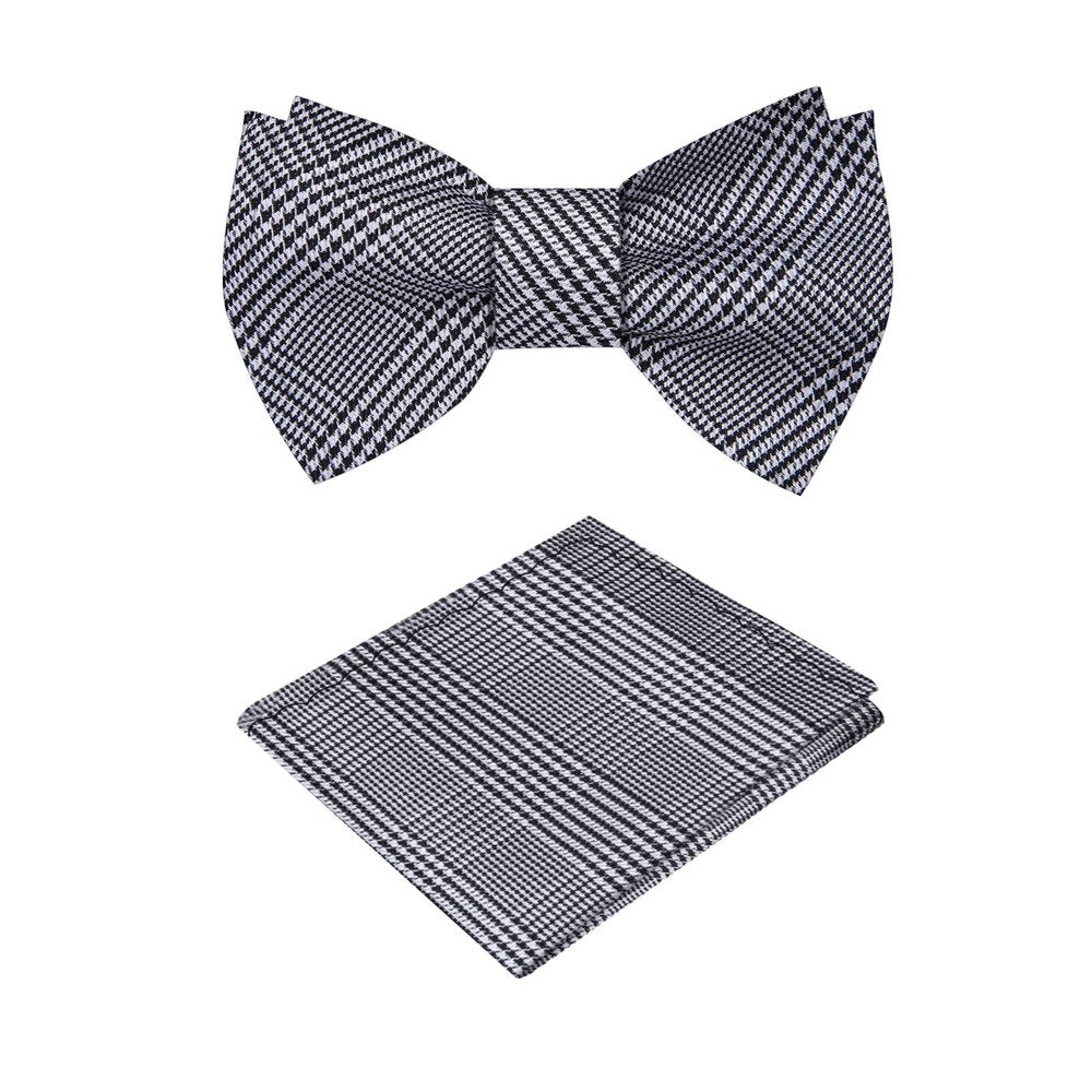 A Black, Silver Geometric Plaid Pattern Silk Self Tie Bow Tie, Matching Pocket Square ||Grey, Black