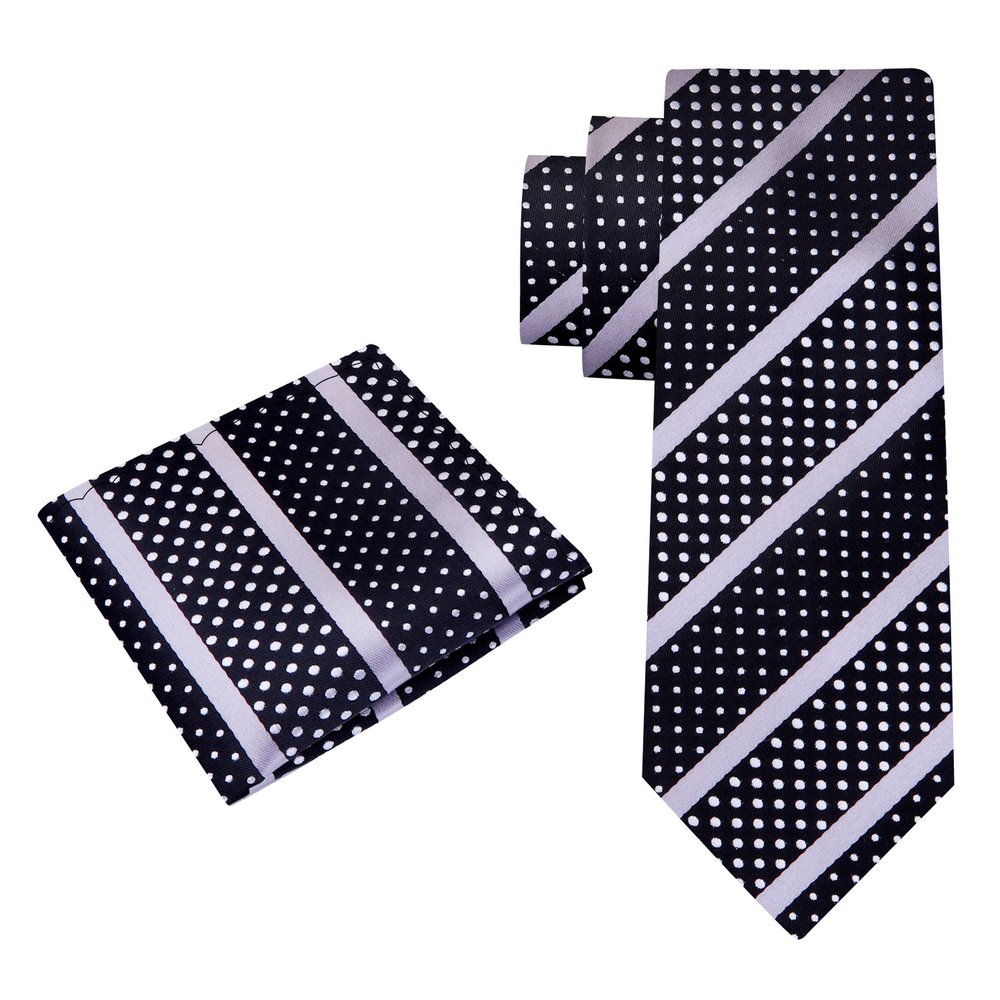 Alt view: A Black Silk Background With Silver Stripes And White Dots Necktie With Matching Pocket Square