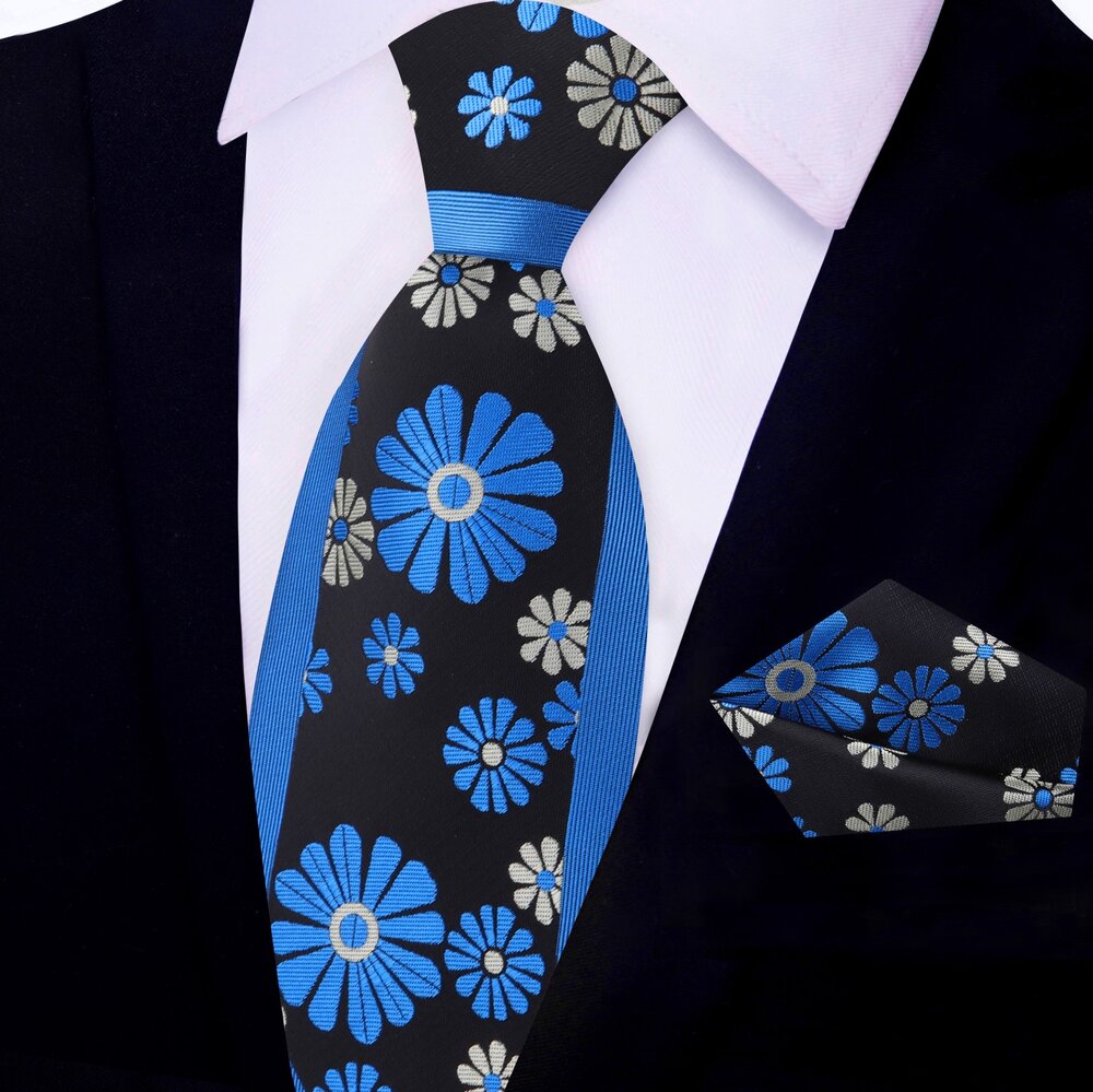 Light Blue and Black Cactus Flower Tie and Pocket Square||Black, Light Blue
