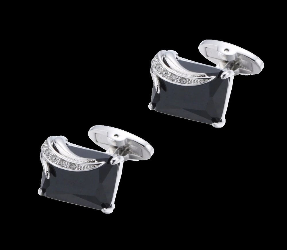 A Black and Chrome Rectangle Shape Cuff-links with Clear Stones