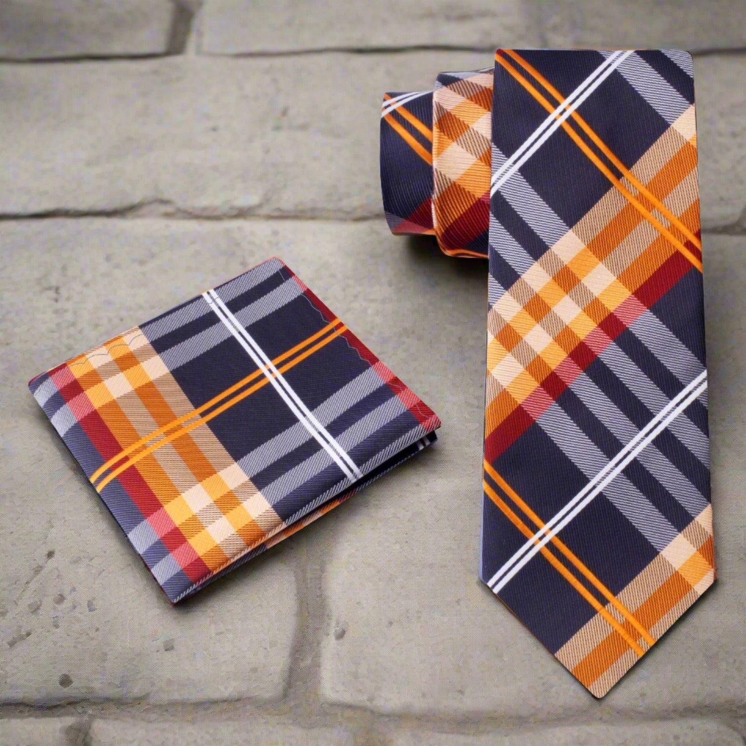 Alt View: Black, Orange Plaid Tie and Square