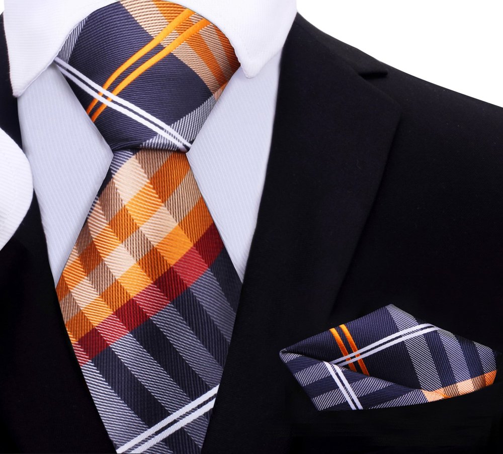 Black, Orange Plaid Tie and Square||Orange, Black, White