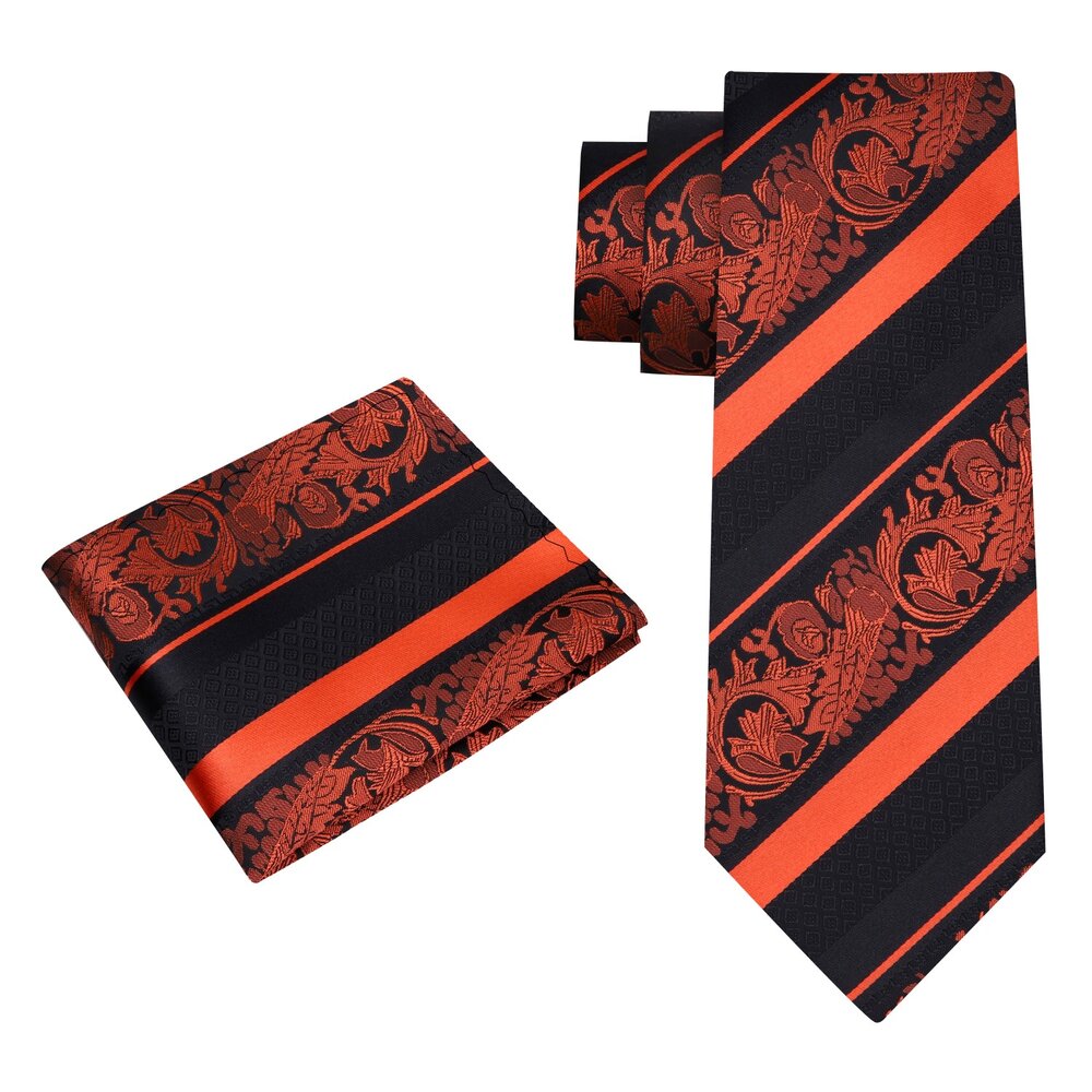 Alt View: Black, Orange Cadenza Floral Tie and Pocket Square