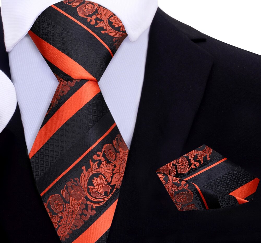 Black, Orange Cadenza Floral Tie and Pocket Square